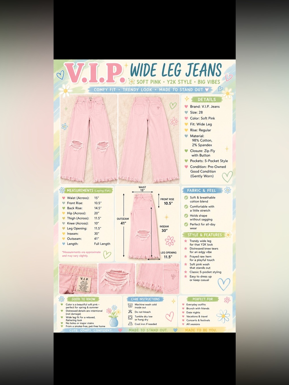 VIP Soft Pink Wide Leg Jeans with Distressed Knees sz 28